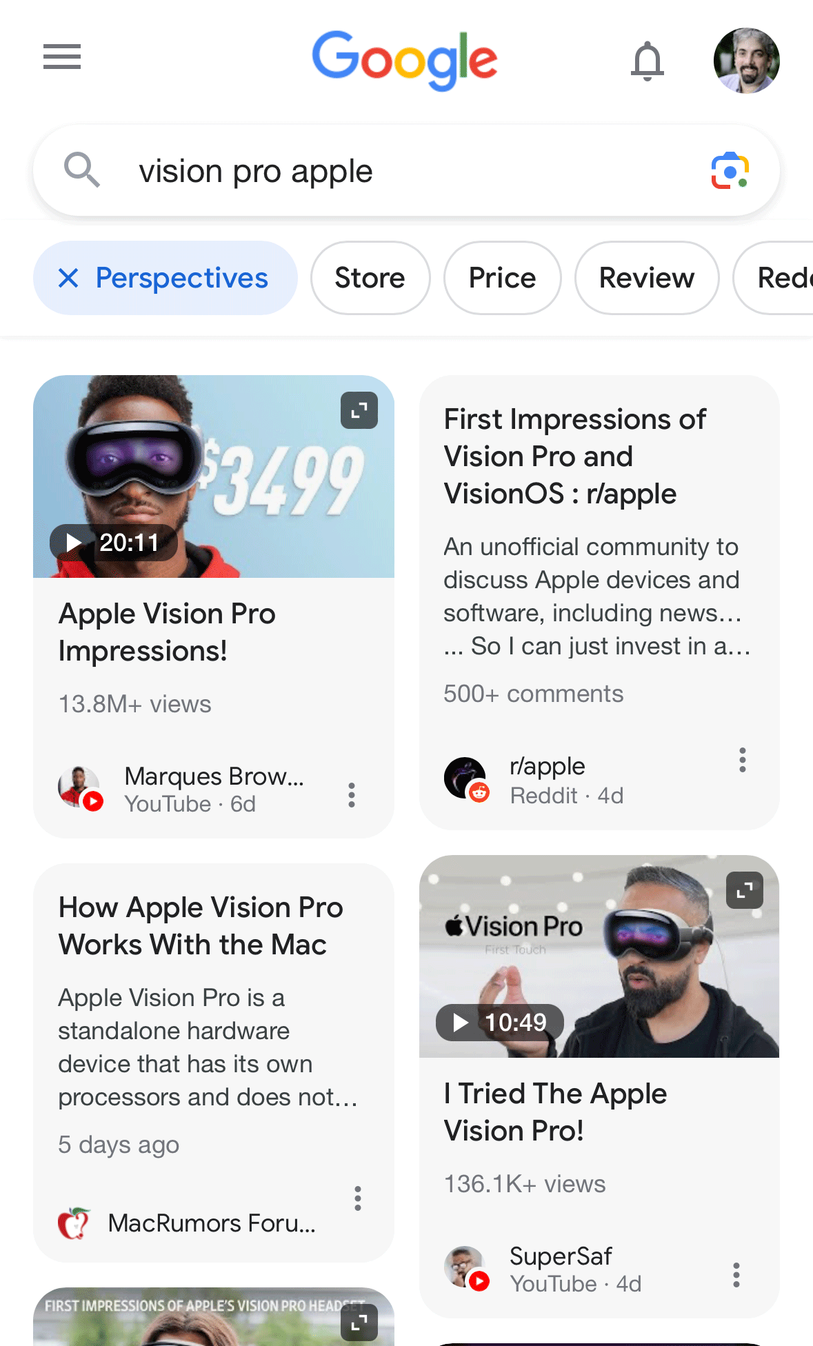 Google Perspectives filter example mobile search results using 'vision pro apple' search