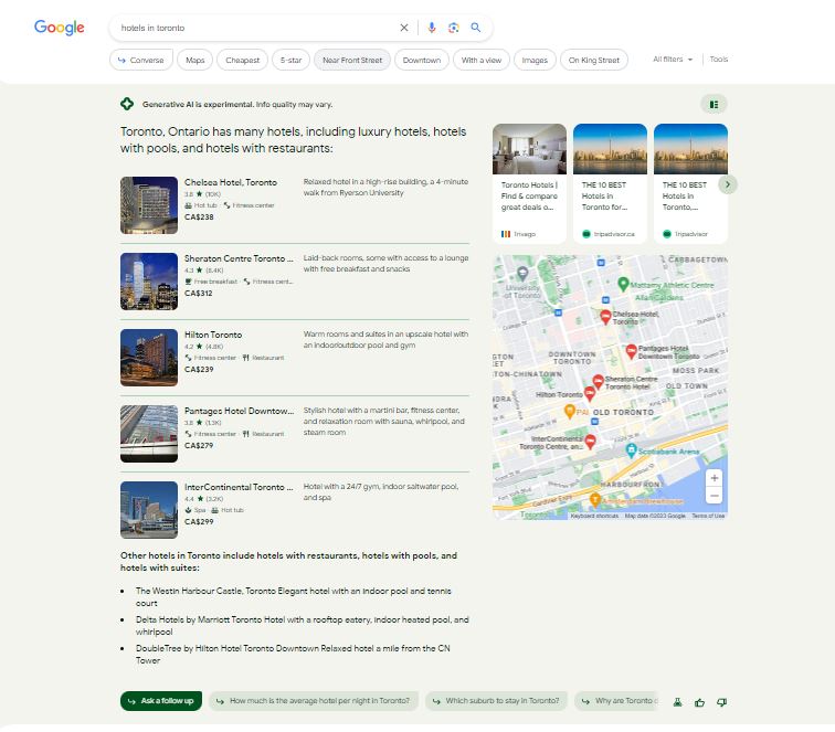 Hotel search result for 'hotels in toronto' from Google's beta Search Generative Experience AI summary